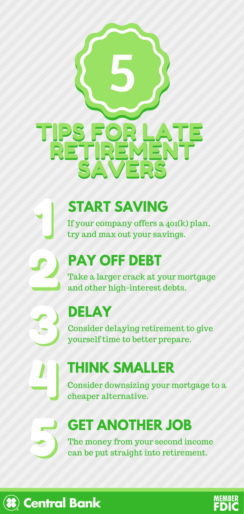 An infographic with 5 tips for late retirement savers