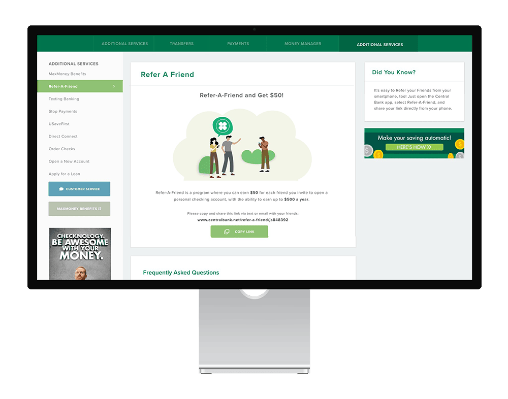 Online banking screen for Refer-a-Friend